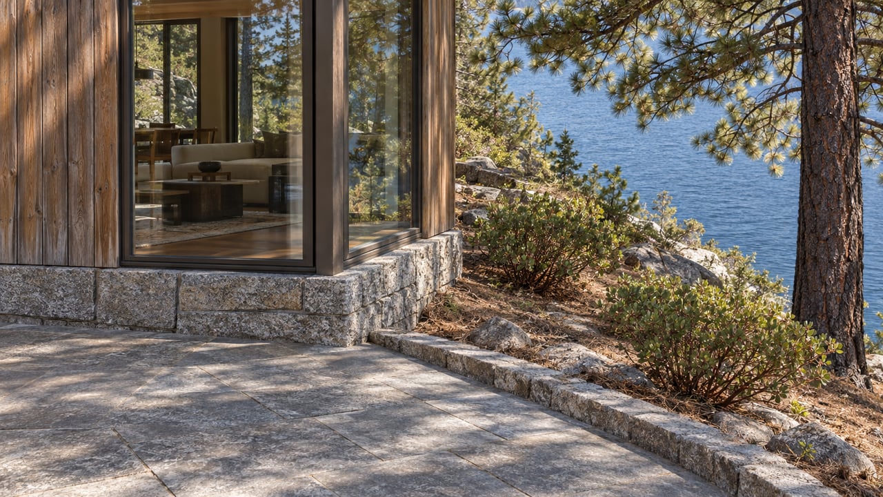 Cedar-clad home corner with granite terrace, pine-planted slope, and blue lake water.