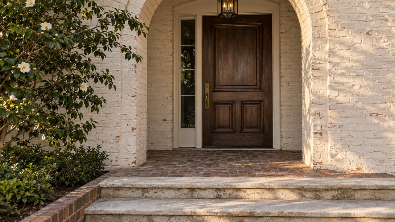 Recessed arched oak door in an ivory brick facade, beside a narrow sidelight and leafy camellia.