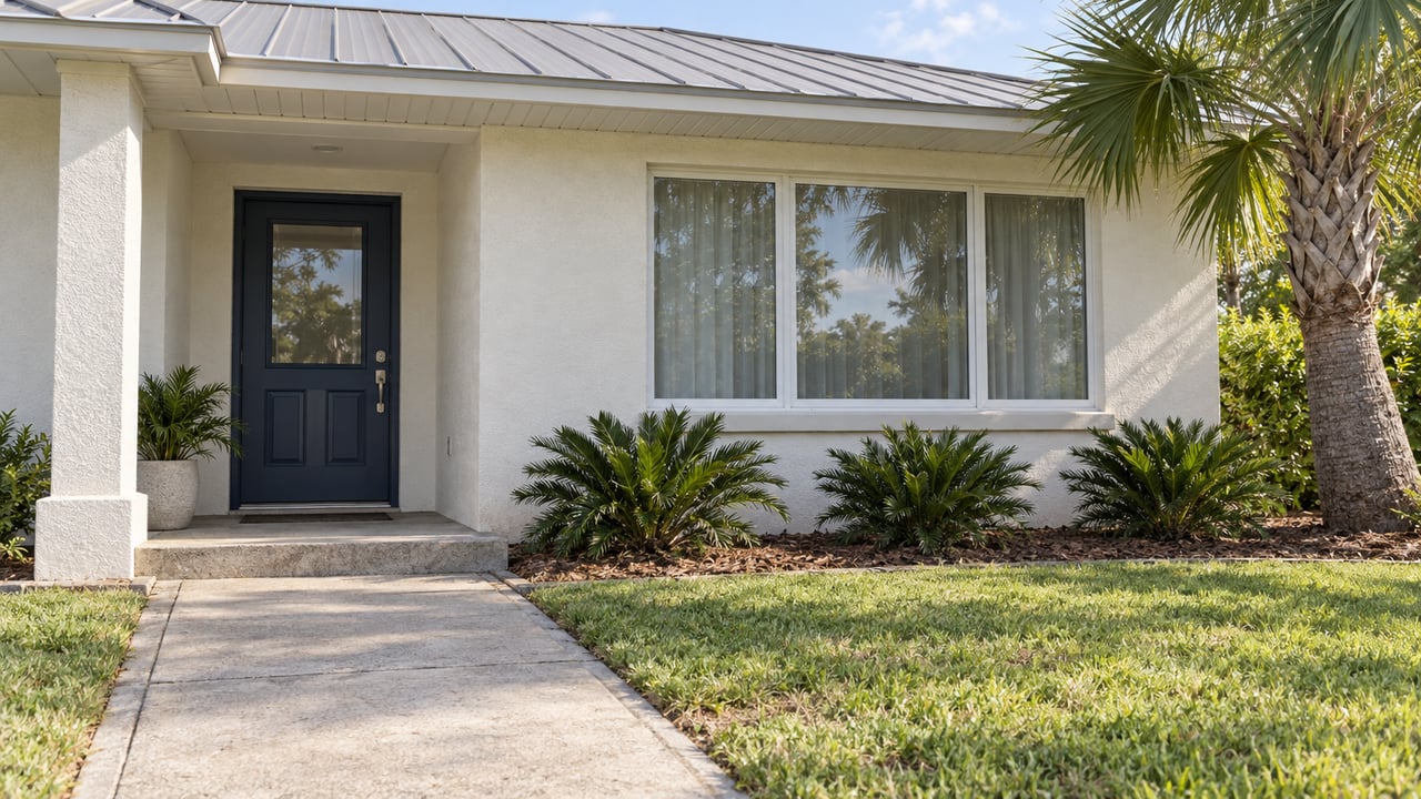 A white stucco home with a sheltered navy front door, broad window, concrete approach and a mature palm beside the lawn.