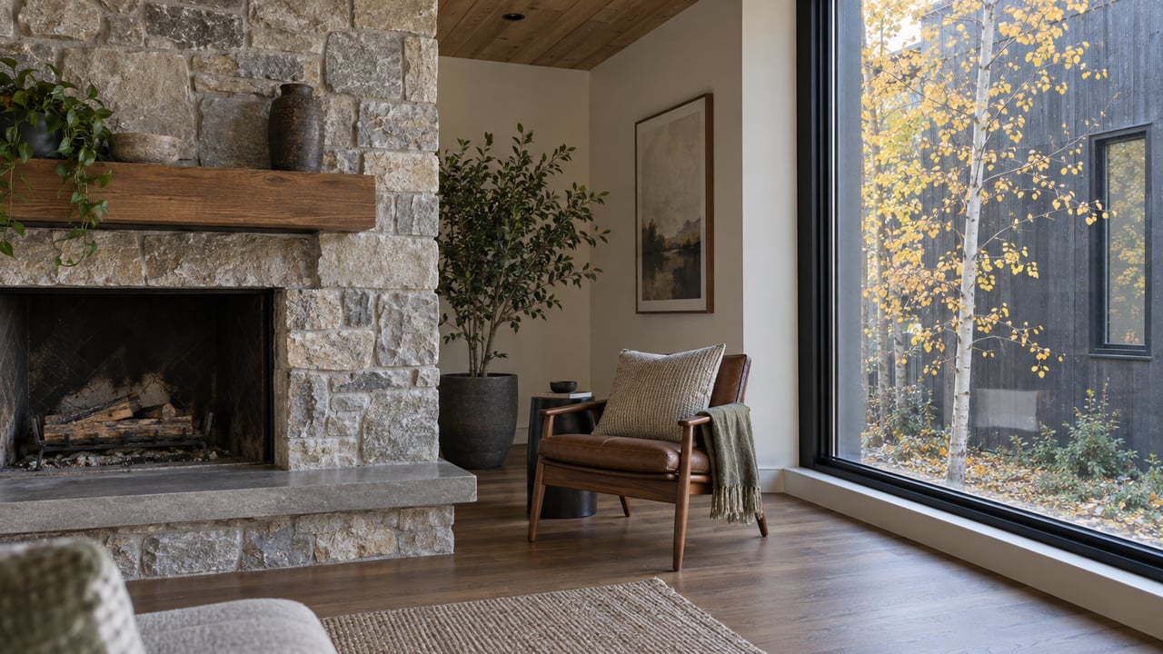 Stone fireplace, low walnut chair, and tall black-framed window overlooking a planted courtyard.