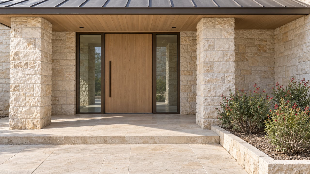 Covered limestone entry with a pale oak door, bronze-framed sidelights and red-flowering sage beside the stone approach.
