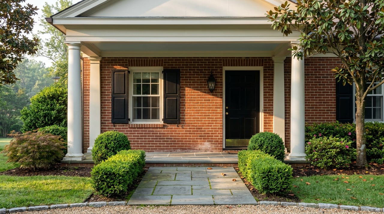 Brick home entrance framed by white fluted columns, with a black door, boxwood hedges, and a bluestone walkway.