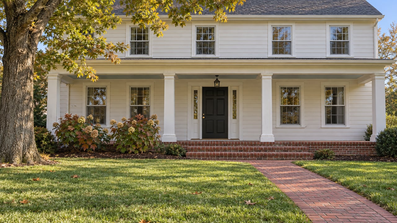 White-sided home with a black front door, raised brick porch and brick walk across a deep lawn, framed by a mature oak.
