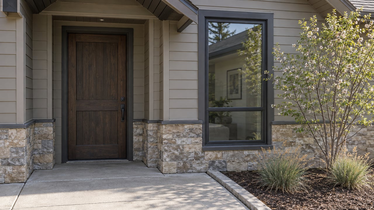 Recessed dark timber front door beside a tall window, above a split-face stone base and concrete approach.