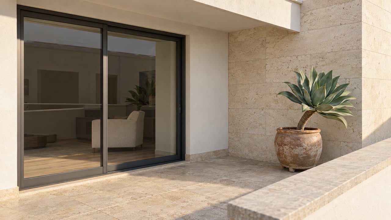 Recessed condominium terrace with limestone paving, white stucco, closed charcoal-framed glass doors and a potted Agave attenuata.