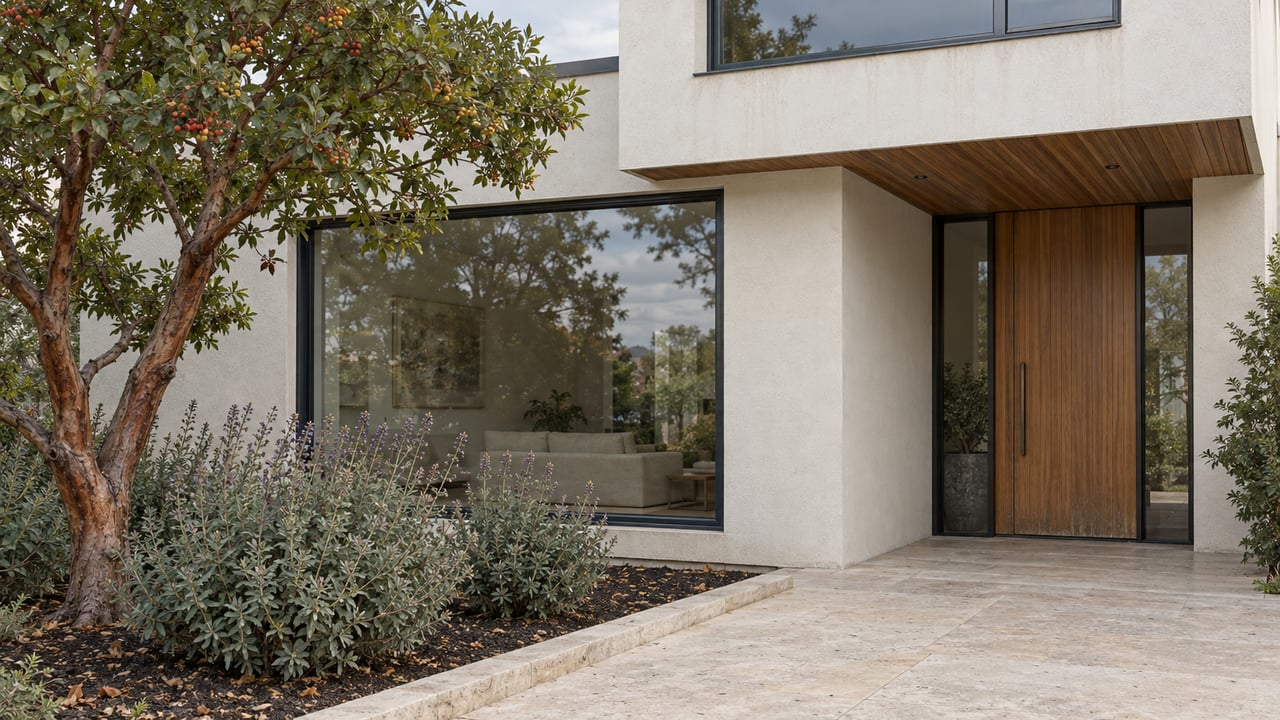 White plaster contemporary home with a recessed teak entry, limestone approach and a sculptural strawberry tree.