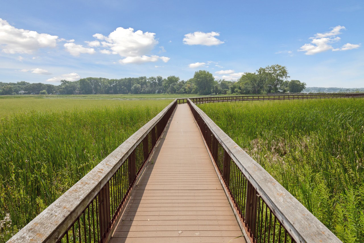 A long wooden boardwalk with metal railings stretching across a vibrant green wetland marsh under a bright blue sky with white clouds in Wayzata, Minnesota, represented by the Cari Ann Carter Group.