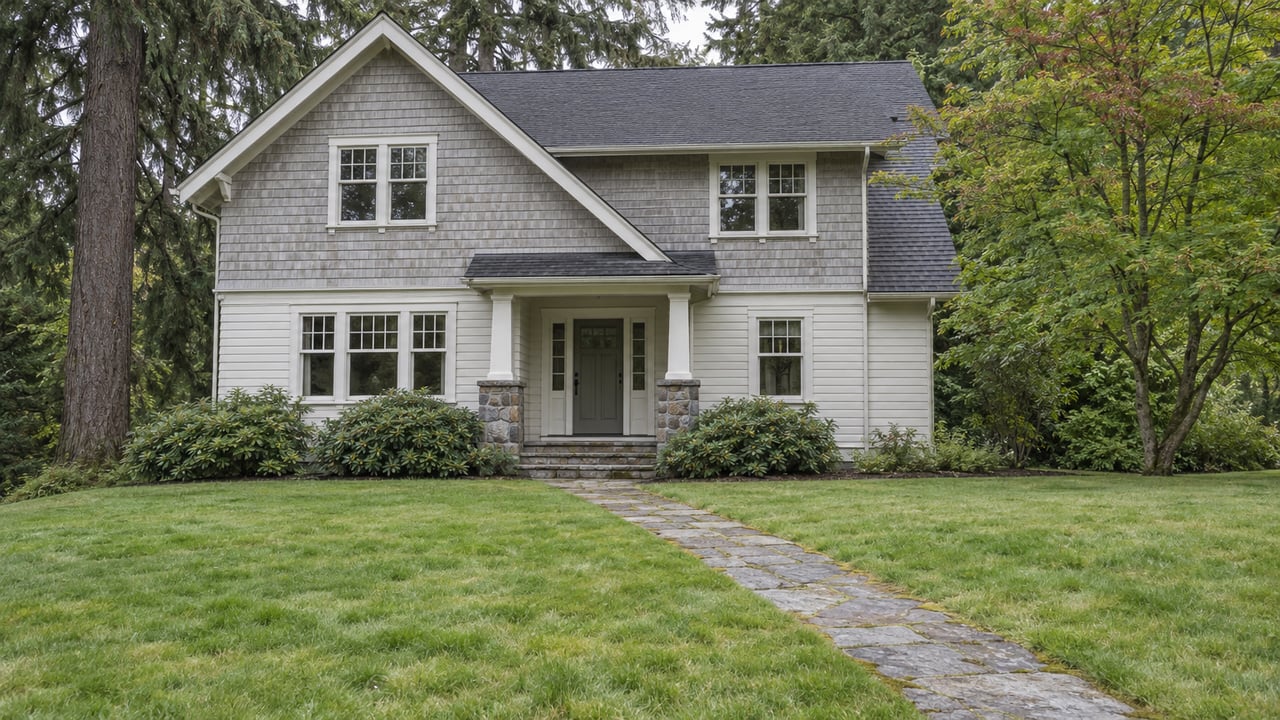 Pale-gray shingled two-story home with a dark gabled roof, white entry posts, and a stone path across a broad lawn.