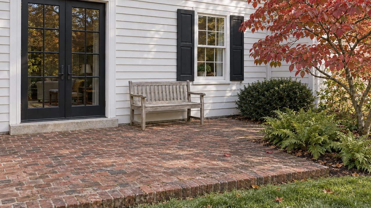White clapboard garden elevation with black-framed glass doors, a weathered brick terrace and red autumn dogwood foliage.