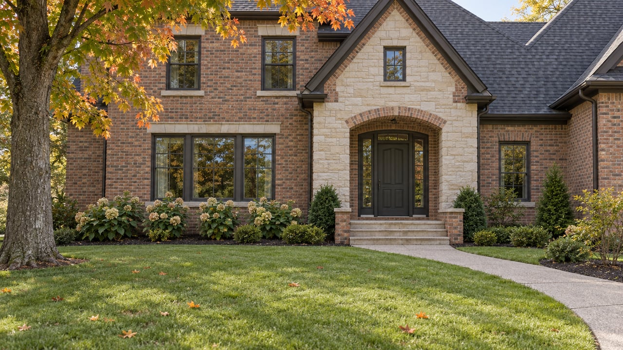Autumn sunlight on a brick home with limestone entry steps, broad windows and a deep green front lawn beneath a mature maple.