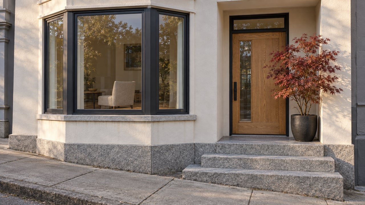 Close view of an ivory stucco home's black-framed bay window and recessed oak entry above granite steps, with one copper-leaved Japanese maple.