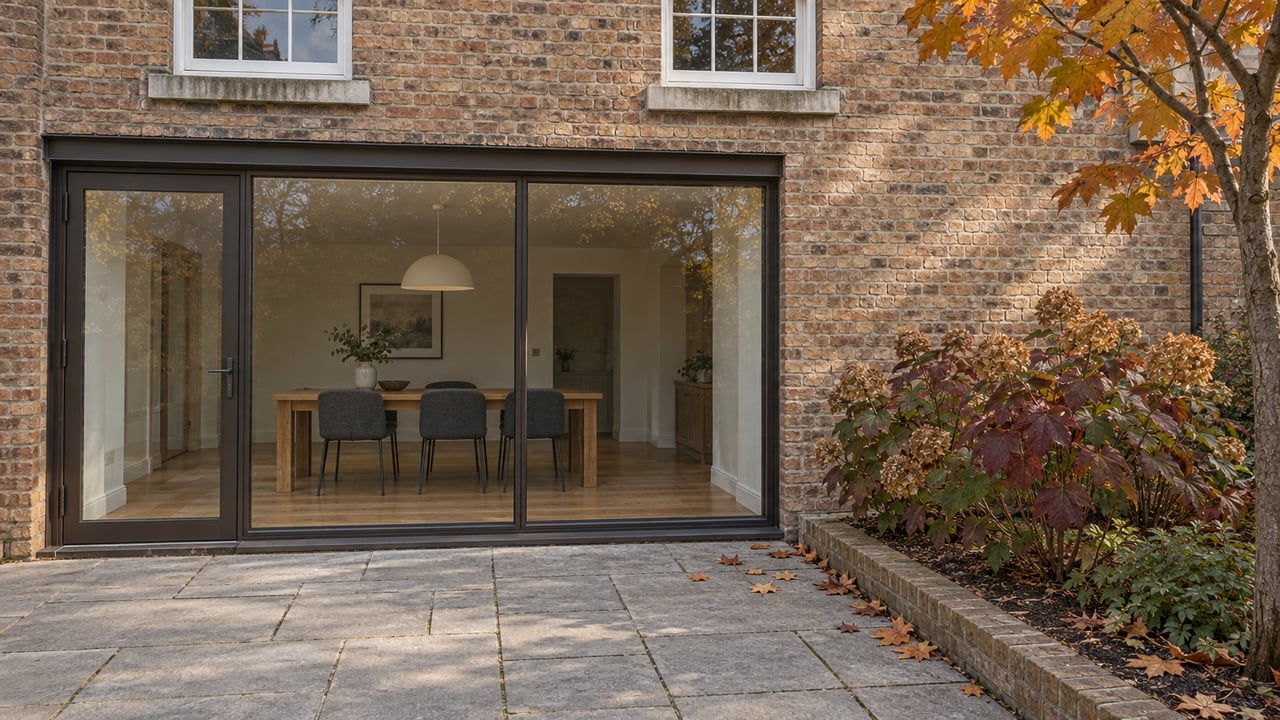 Autumn light on a weathered brick home, with bronze-framed dining-room glazing, gray terrace pavers and burgundy oakleaf hydrangeas.
