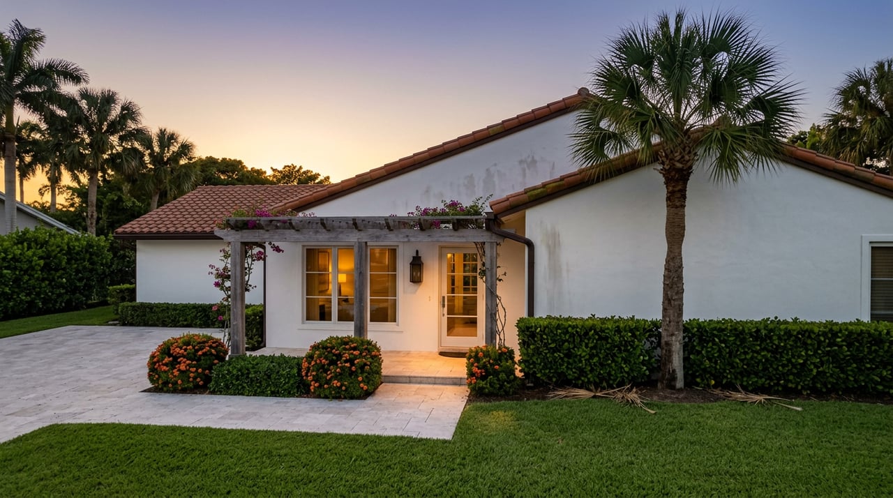 White stucco home with a terracotta-tile roof, timber pergola, glowing entry window, and palm trees at dusk.