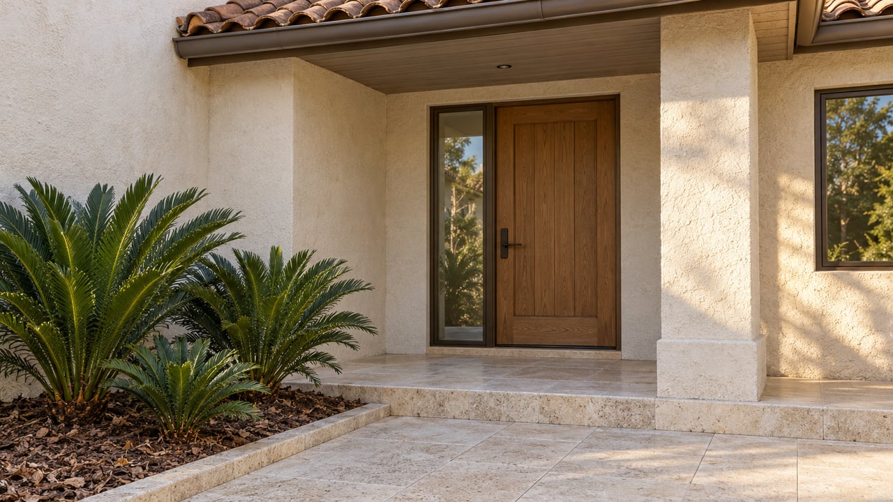 Sunlit sand-colored stucco entry with a closed oak door, bronze-framed glass, terracotta roof and limestone approach beside three coontie plants.