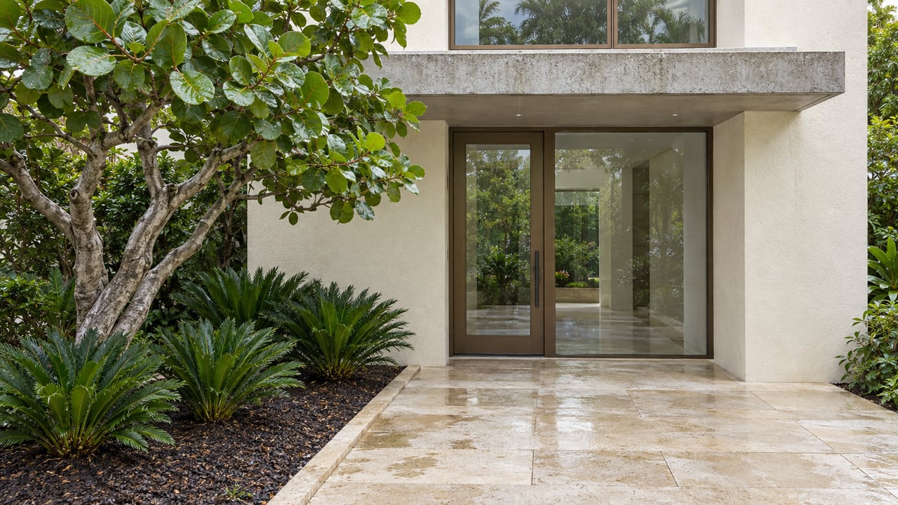 A rain-damp limestone approach leads to a glazed entrance beneath a concrete canopy, beside a sculptural sea grape tree and coontie planting.