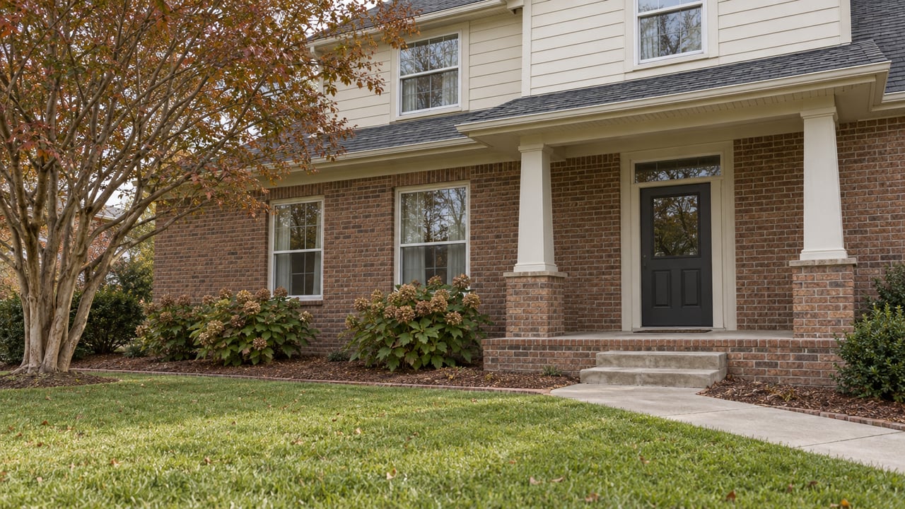 Brick-and-ivory-sided home with a covered front porch, deep lawn, and carefully maintained planting in soft daylight.