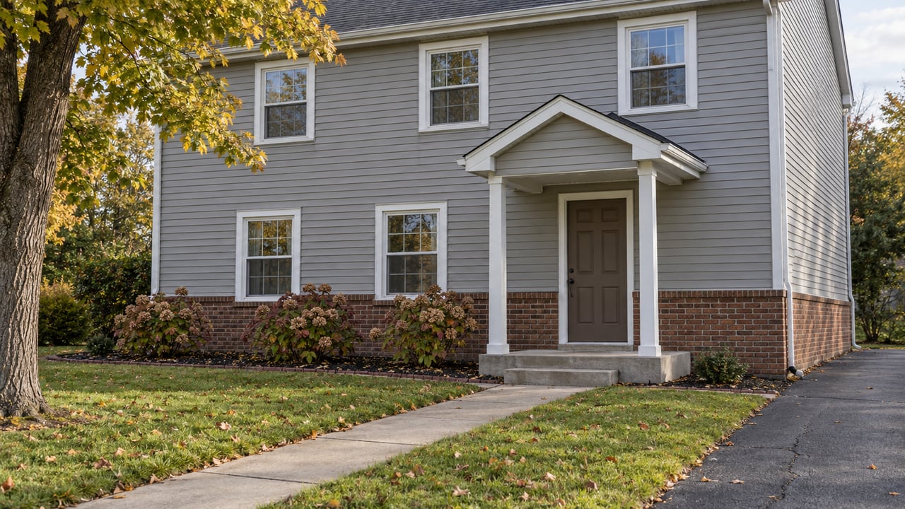 Gray-sided two-story house with a brick foundation, sheltered front steps, concrete approach and autumn foliage beside a broad lawn.
