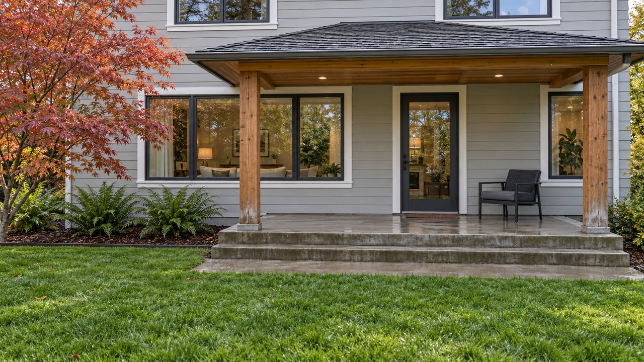Rain-fresh lawn leading to a covered concrete patio at a light gray home, with cedar posts and a copper-leaved vine maple.