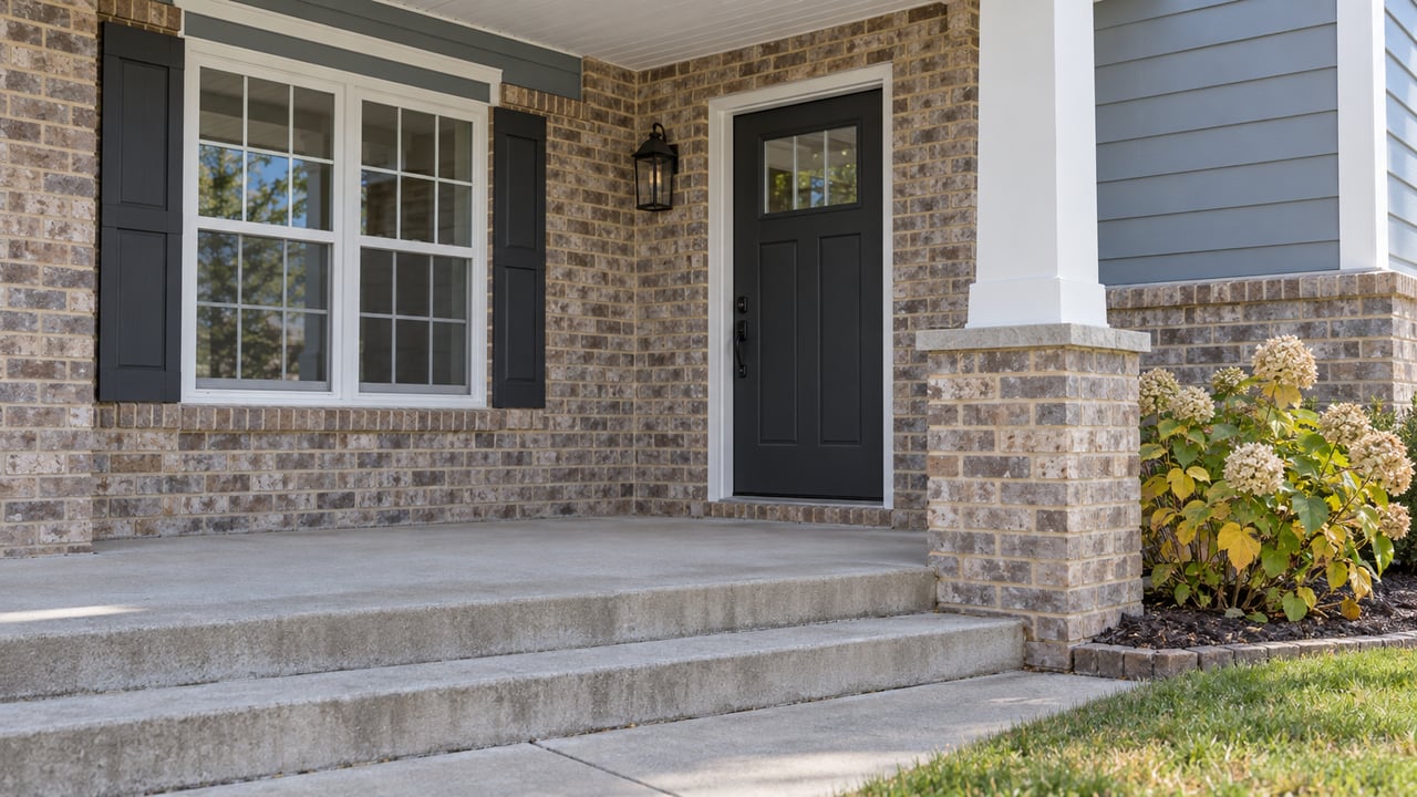 Covered suburban entry with tan brick, blue-gray siding, charcoal door, white trim and concrete steps beside a flowering hydrangea.