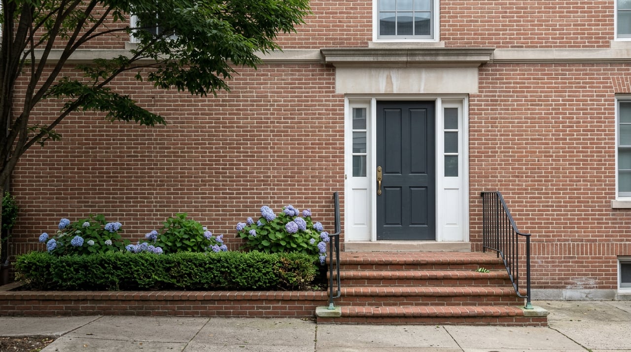 Brick rowhouse entrance with iron-railed stoop, charcoal door, white sidelights, and blue-mauve hydrangeas.