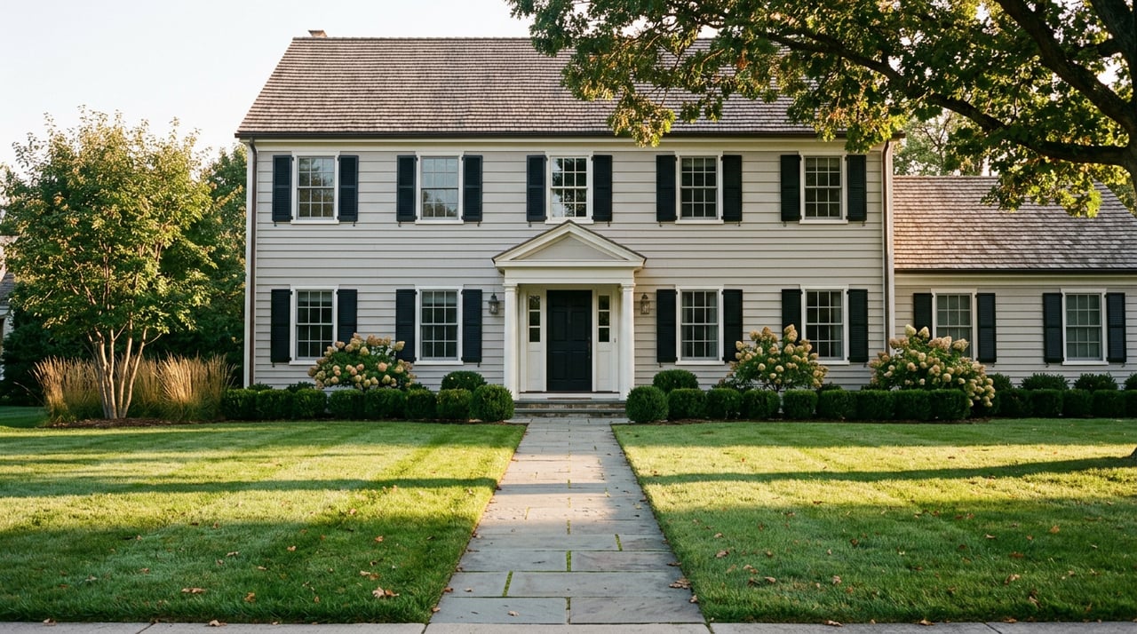 Two-story gray colonial house beyond a long lawn and bluestone walkway, with oak canopy and clipped boxwood hedges.