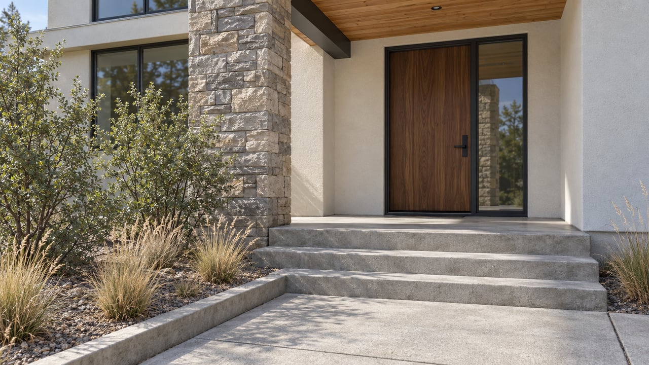 Sunlit stone and timber entry with a walnut door, charcoal window frames, broad concrete steps and dry ornamental planting.