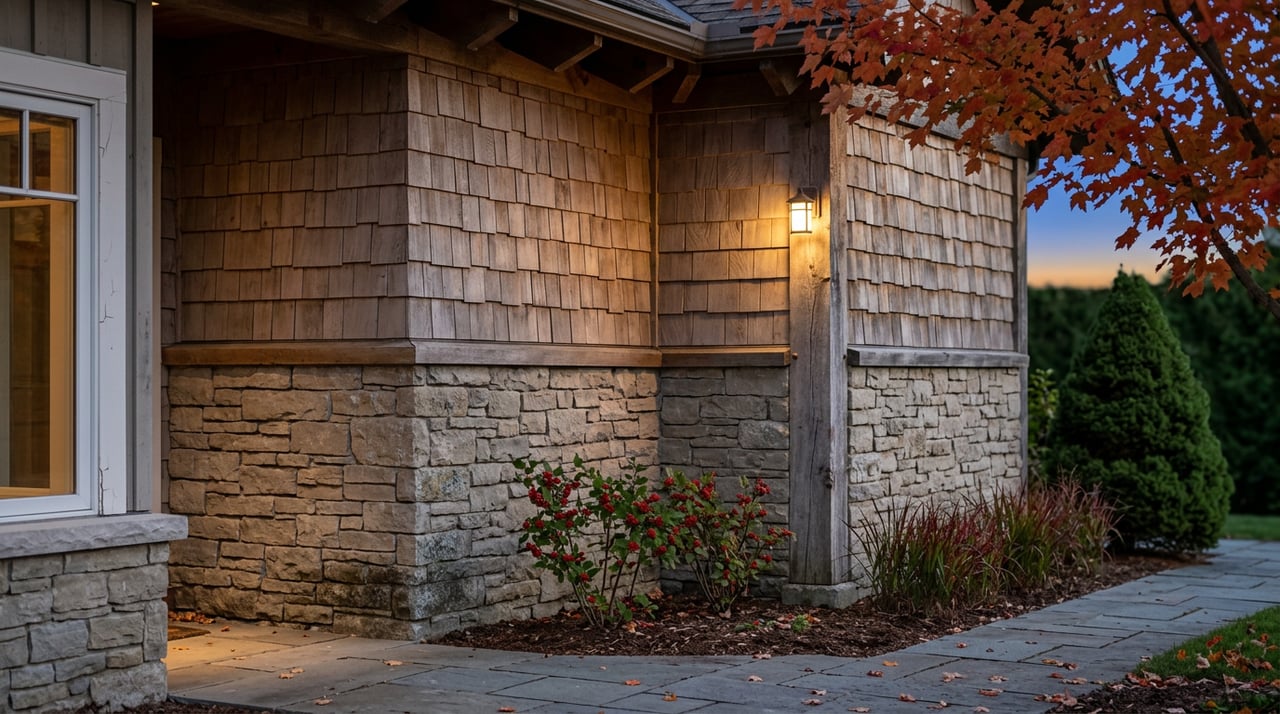 Lodge corner with a warm-lit sconce, fieldstone base, cedar shingles, and scarlet maple leaves overhead.