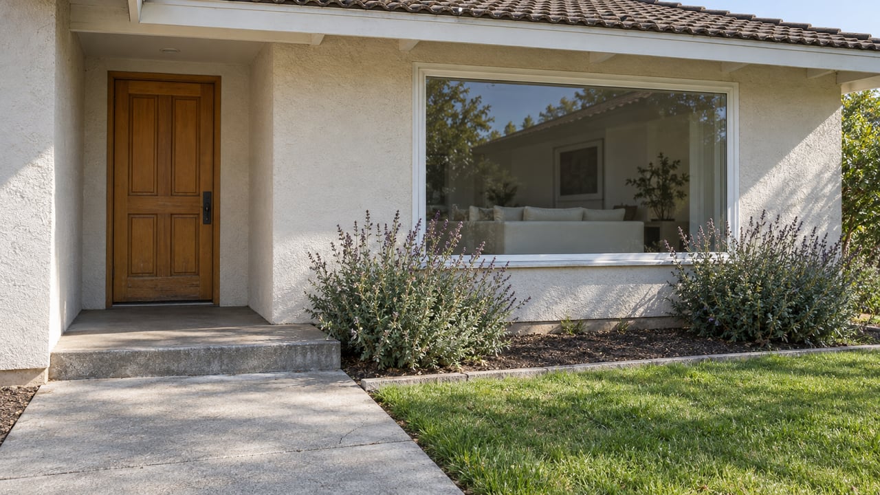 Sunlit stucco home with a recessed wood front door, broad picture window, worn concrete porch and two flowering sage plants beside the lawn.