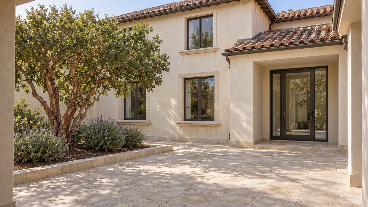 Ivory stucco home with terracotta roof, bronze-framed windows and a limestone entry court shaded by a mature strawberry tree.