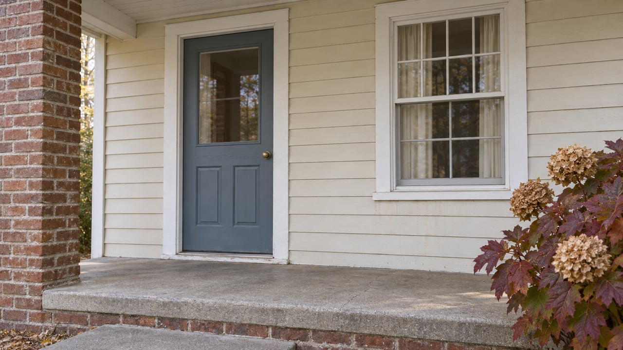 A blue-gray cottage door and white-trimmed window above a worn concrete porch, with red-brown brick and autumn oakleaf hydrangea.