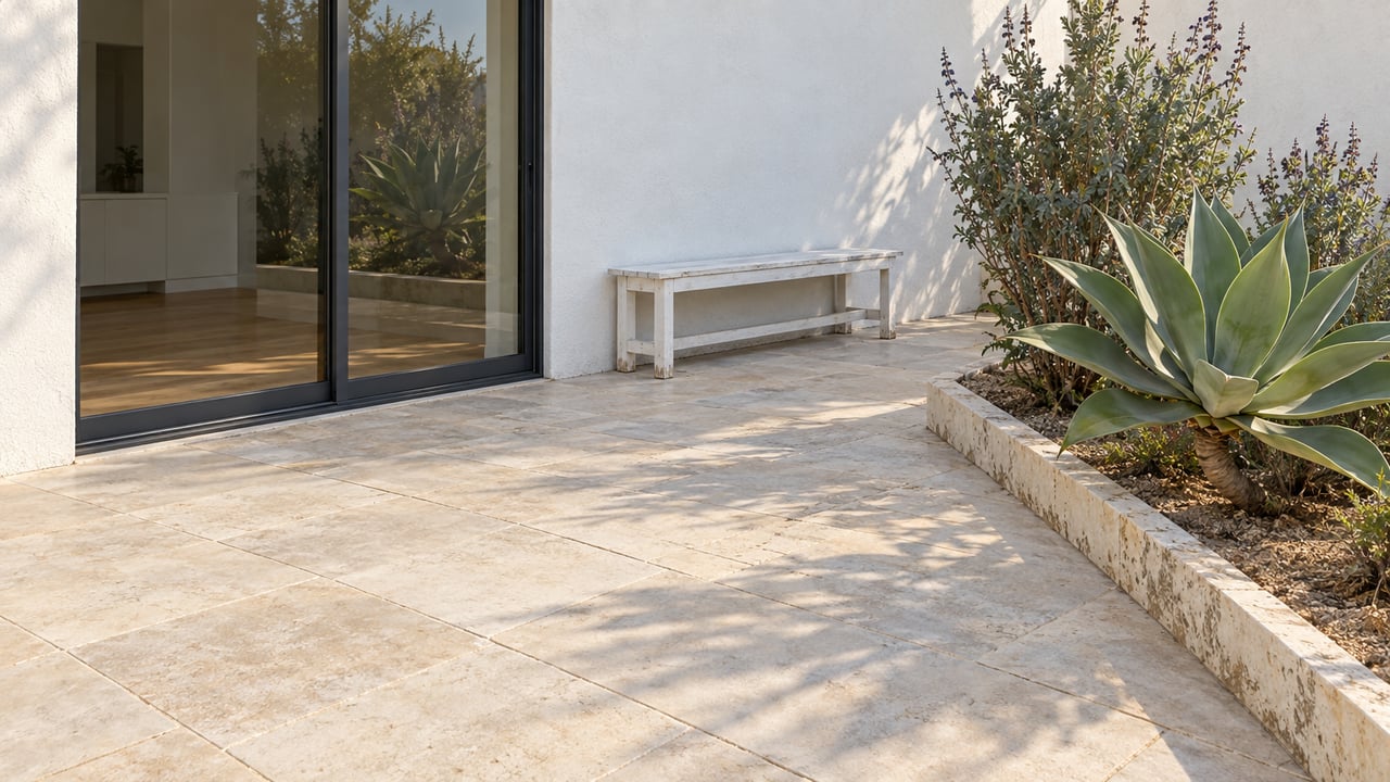 White stucco home with closed glass terrace doors, pale limestone paving, a white timber bench and sculptural agave beside flowering sage.