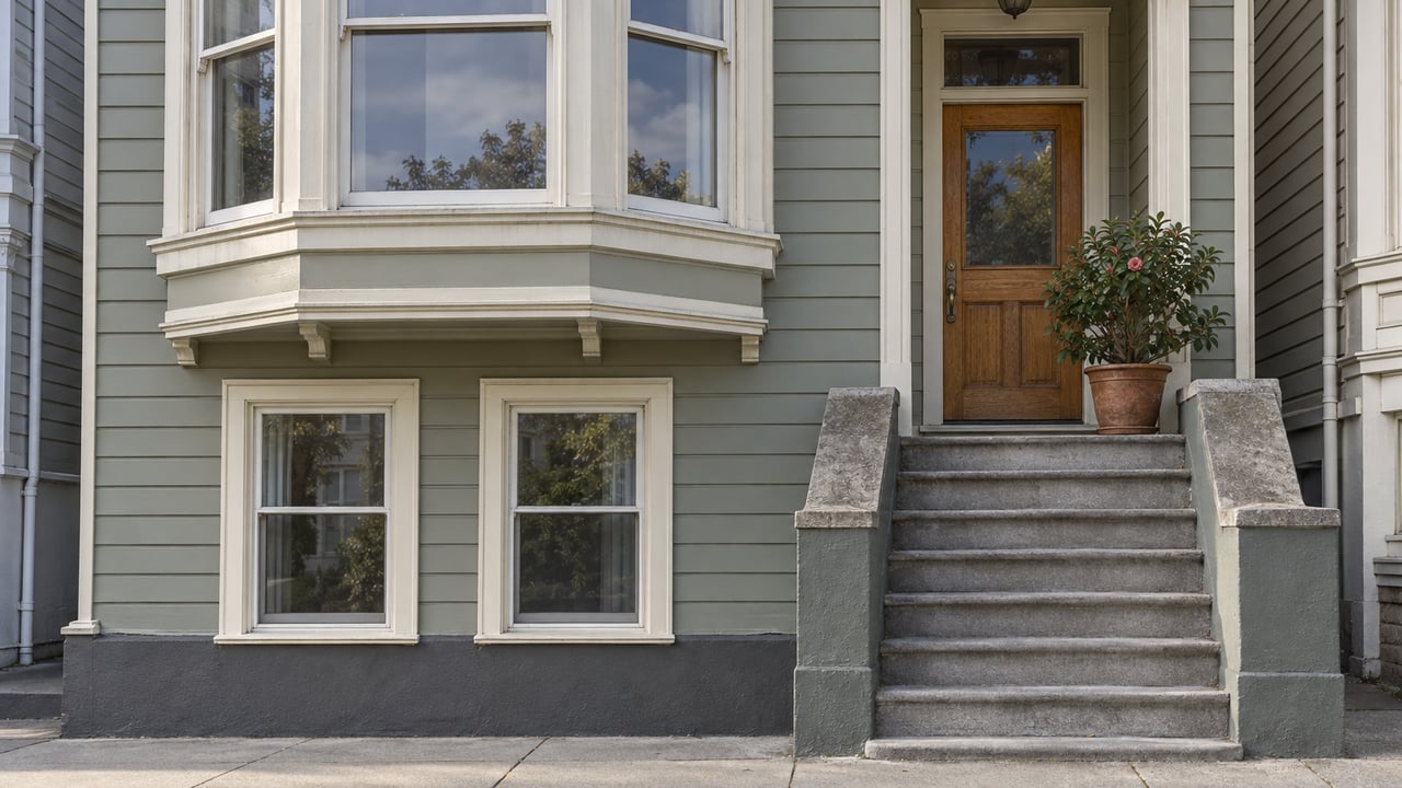 Gray-green timber home with ivory bay-window trim, an oak entry door and worn concrete entrance steps.