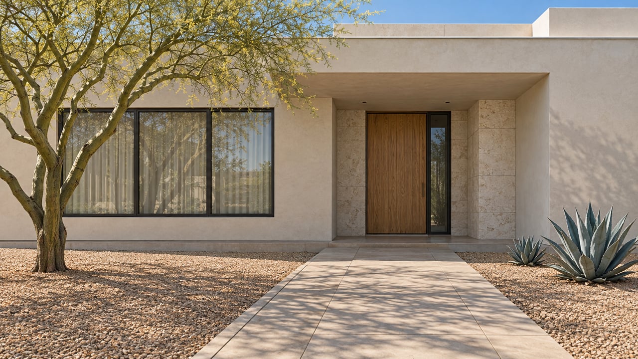 Cream stucco home with layered flat roofs, pale limestone entry, oak door and a gravel garden with a sculptural tree and two agaves.