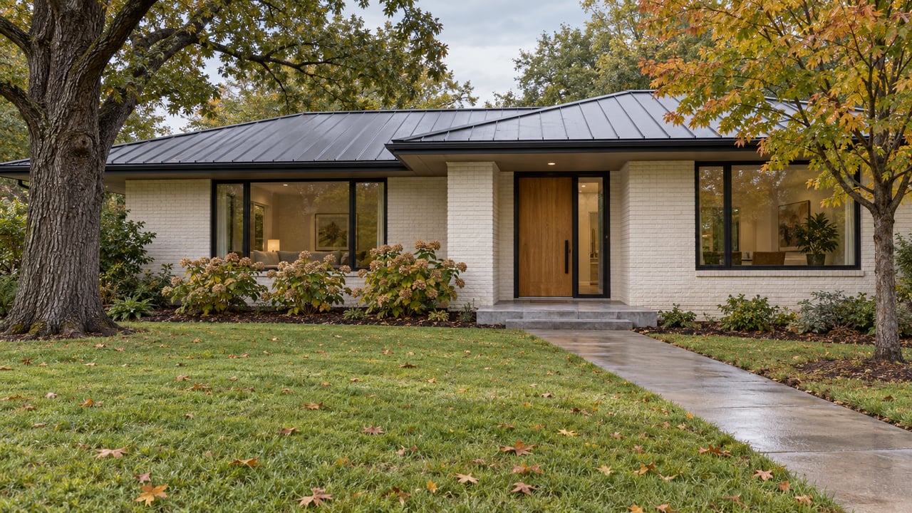 An updated painted-brick home with a low metal roof, black-framed windows, and a deep damp lawn beneath mature autumn trees.