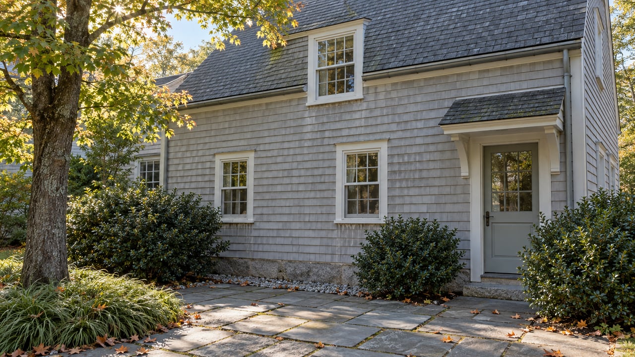 Weathered gray clapboard house wing with three sash windows, a glazed side door, and a flagstone approach beneath maple trees.