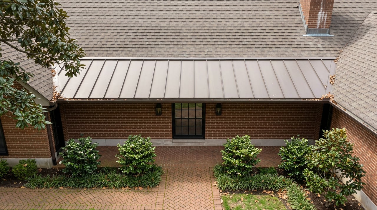Brick home entry with a metal portico roof, six-pane window, clipped shrubs, and a herringbone brick walkway.