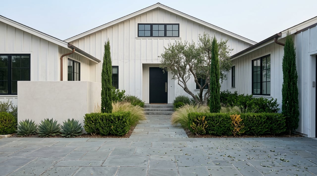 Modern farmhouse entry with black steel door, concrete steps, bluestone paving, and Mediterranean plantings.