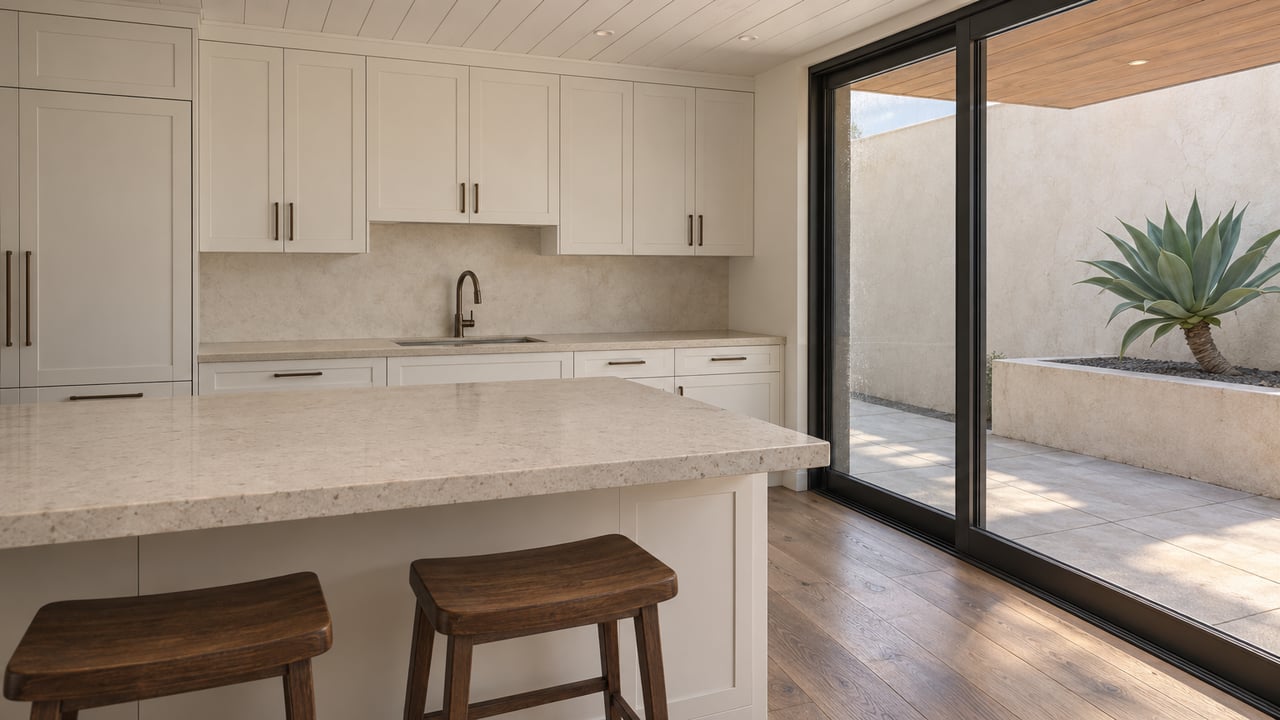 White shaker kitchen with an ivory stone peninsula, smoked-oak flooring and glass doors facing a small patio with one sculptural agave.