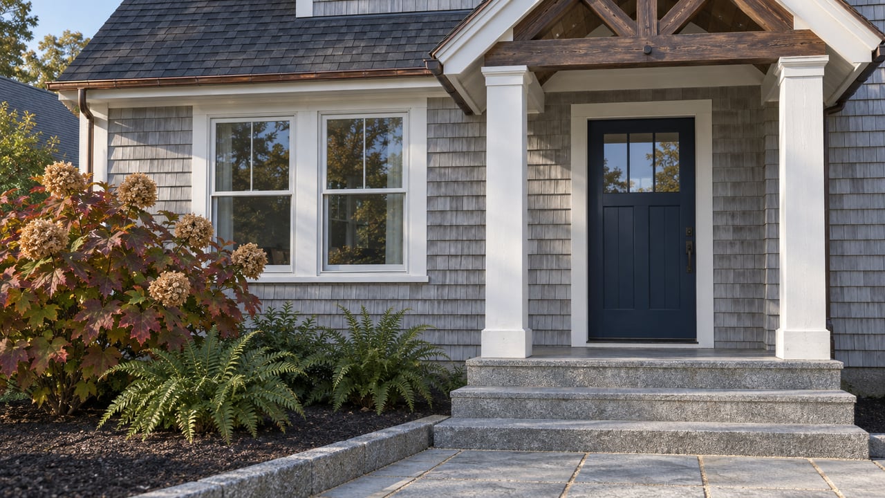 Gray cedar-shingle home with a timber-trussed porch, navy front door, granite steps, and rust-colored oakleaf hydrangea foliage.