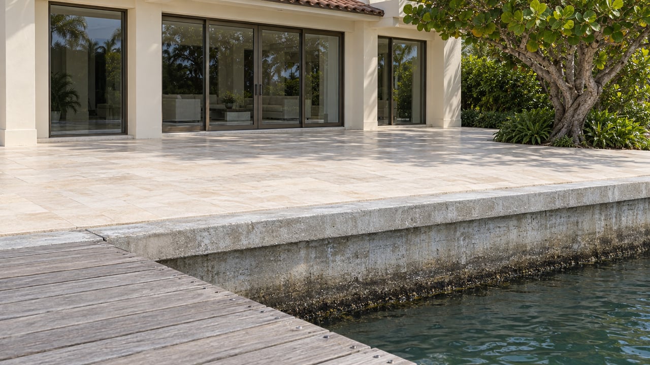 Weathered dock meets a concrete seawall below a limestone terrace and ivory-stucco house with closed glass doors.