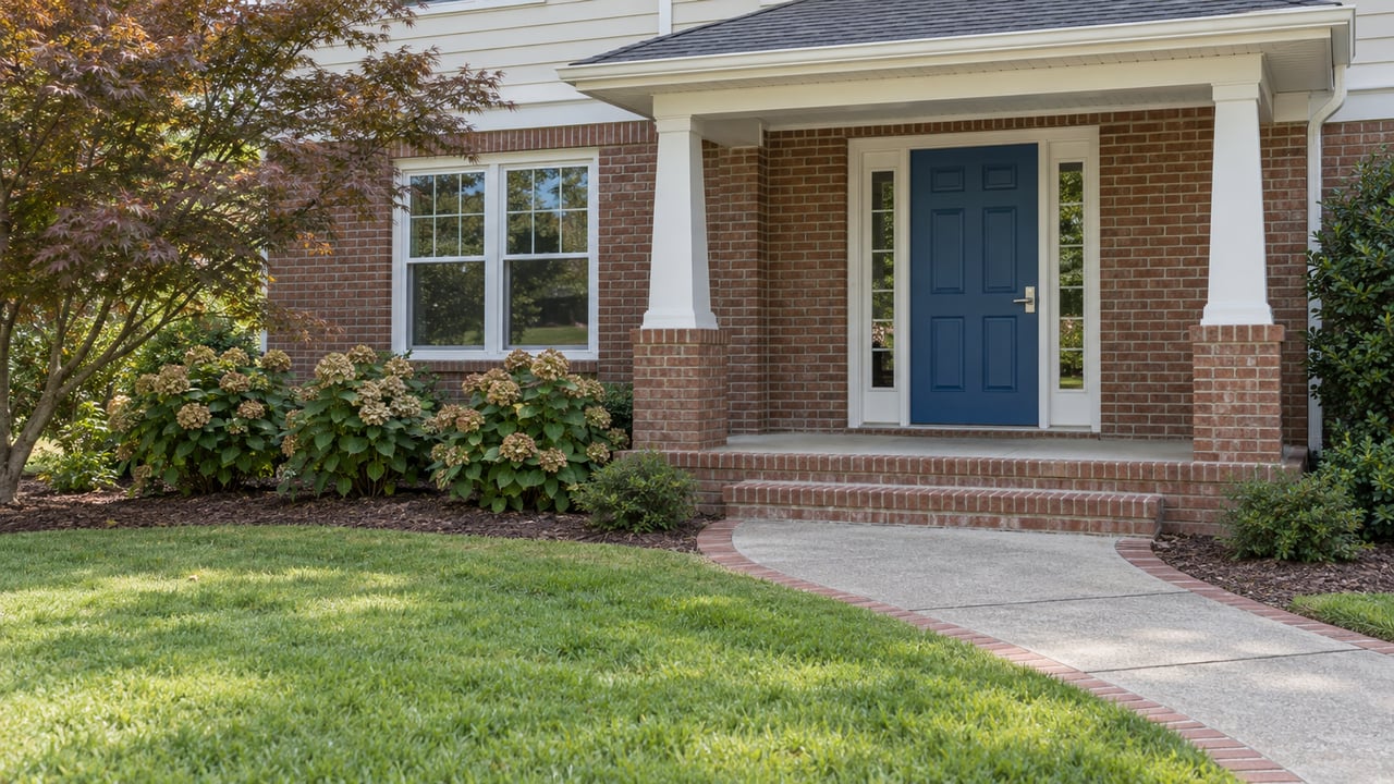 Blue front door and white porch columns on a brick-and-siding home, with a curved concrete walk, lawn and oakleaf hydrangeas.