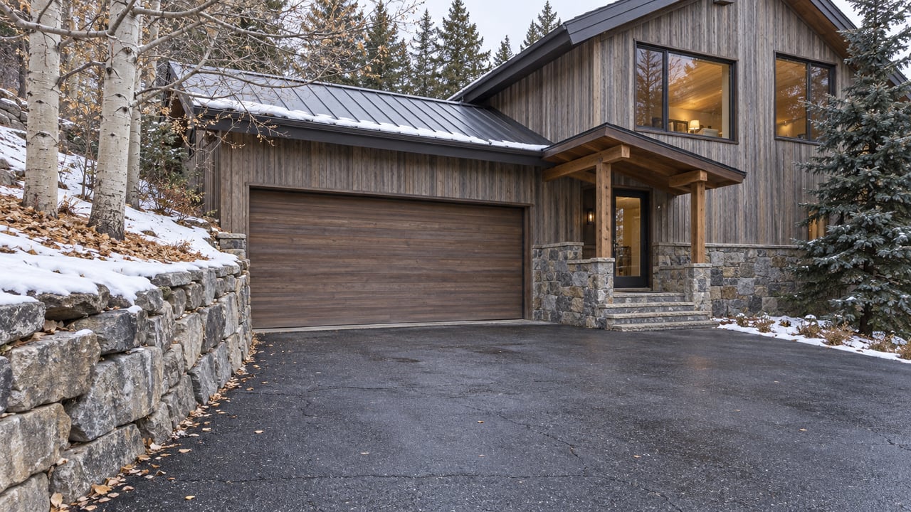Cedar-and-stone hillside home above a deep damp driveway, with patchy snow, bare aspens and a mature spruce.
