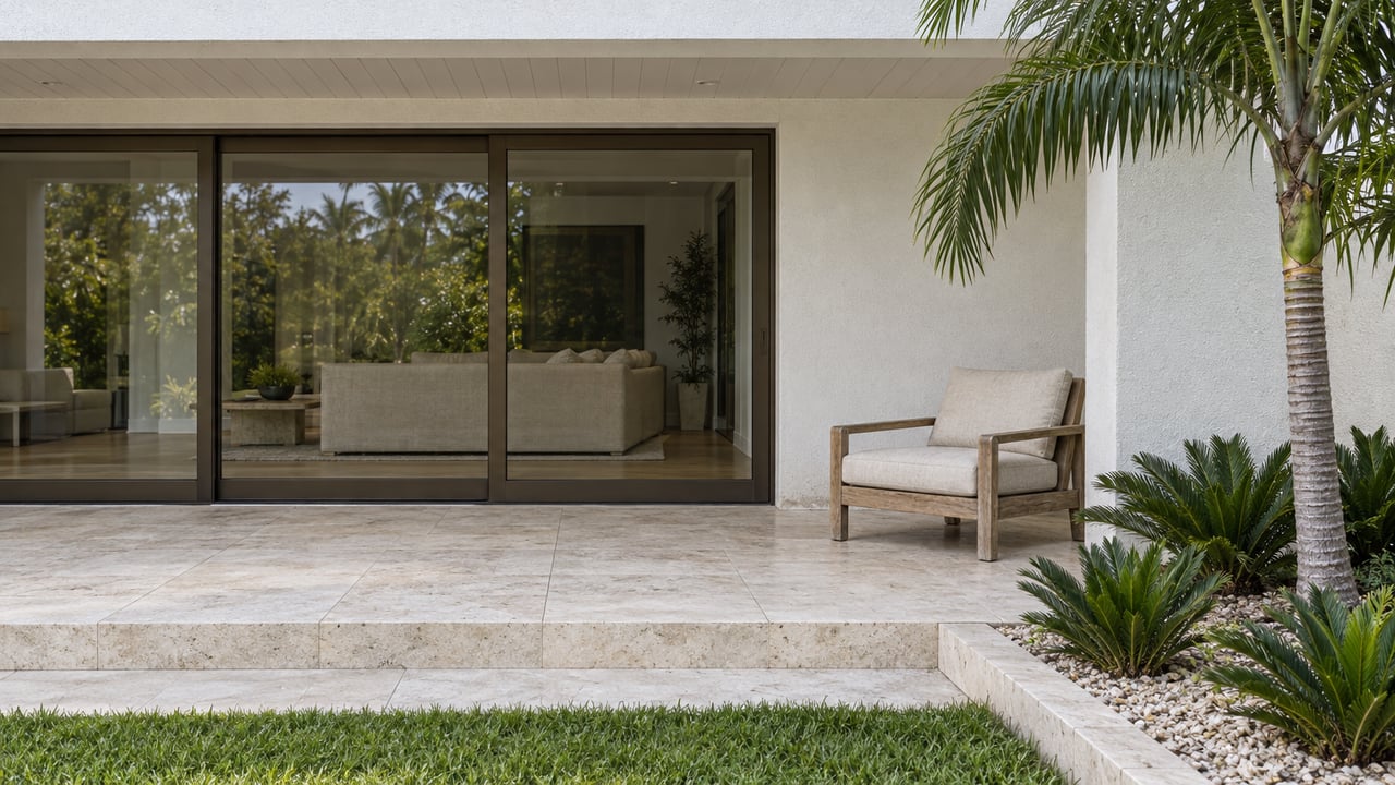 White stucco home with bronze-framed terrace glazing, pale limestone steps, a weathered teak chair and a sculptural palm in a shell-mulched bed.
