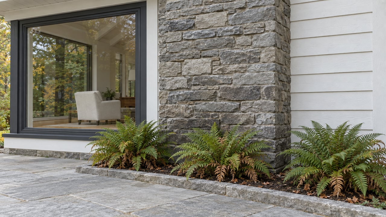 Close view of a white timber cottage with a large closed picture window, gray stone chimney, and limestone terrace beside three wood ferns.