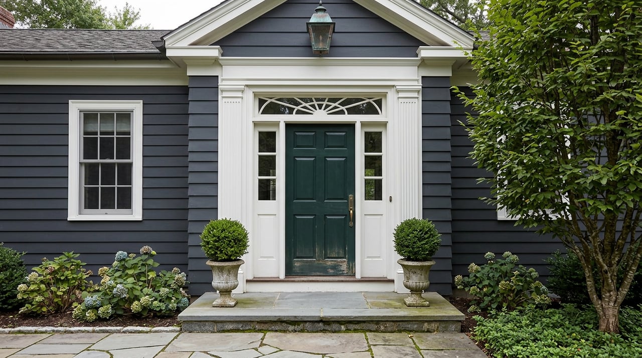 Colonial entry with green paneled door, white fluted pilasters, fanlight, and moss-edged stone steps.