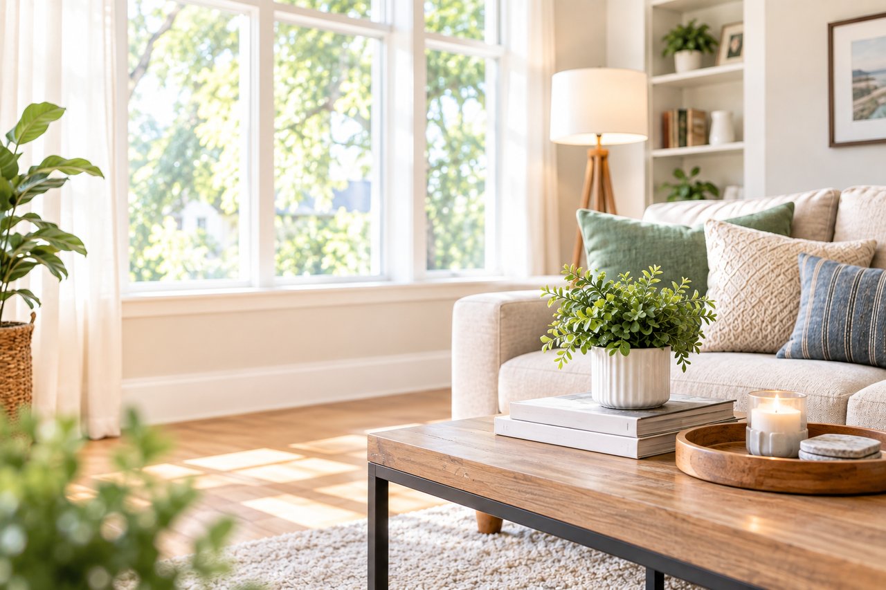 Bright living room with large windows, a cream sofa, and a wooden coffee table.