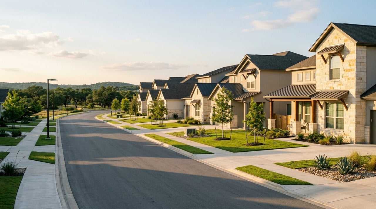 Row of newly built homes on a fresh street with young trees, new construction in Leander, TX