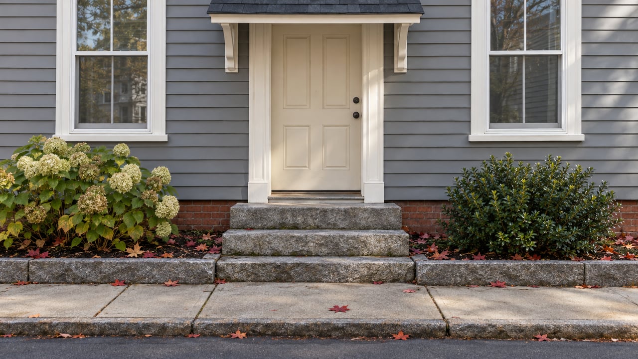 Gray clapboard house entry with a cream paneled door, granite steps, flanking shrubs, and a narrow sidewalk.