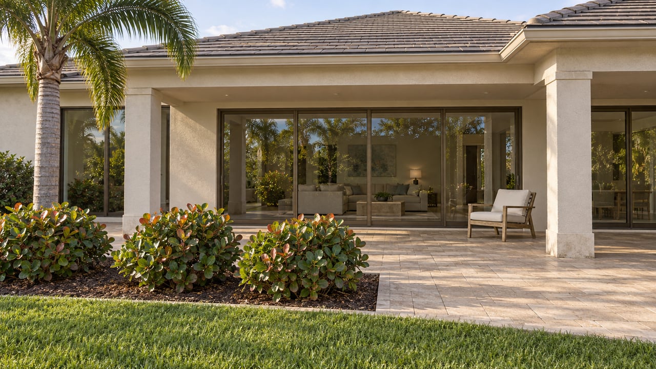 Ivory stucco home with a covered paved lanai, bronze-framed glass doors, a weathered teak chair, and a sculptural palm beside sea grape shrubs.