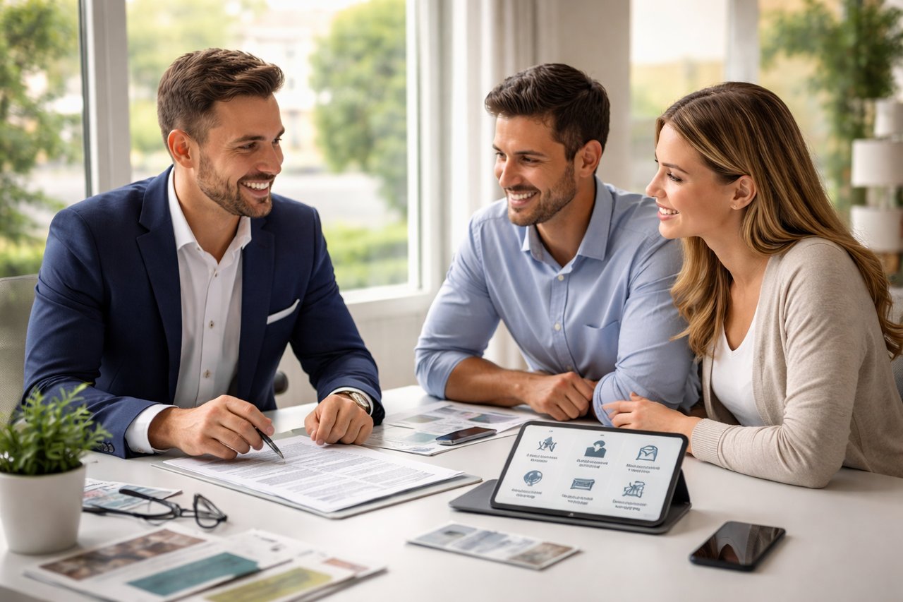 Agent discussing home services with clients at closing table